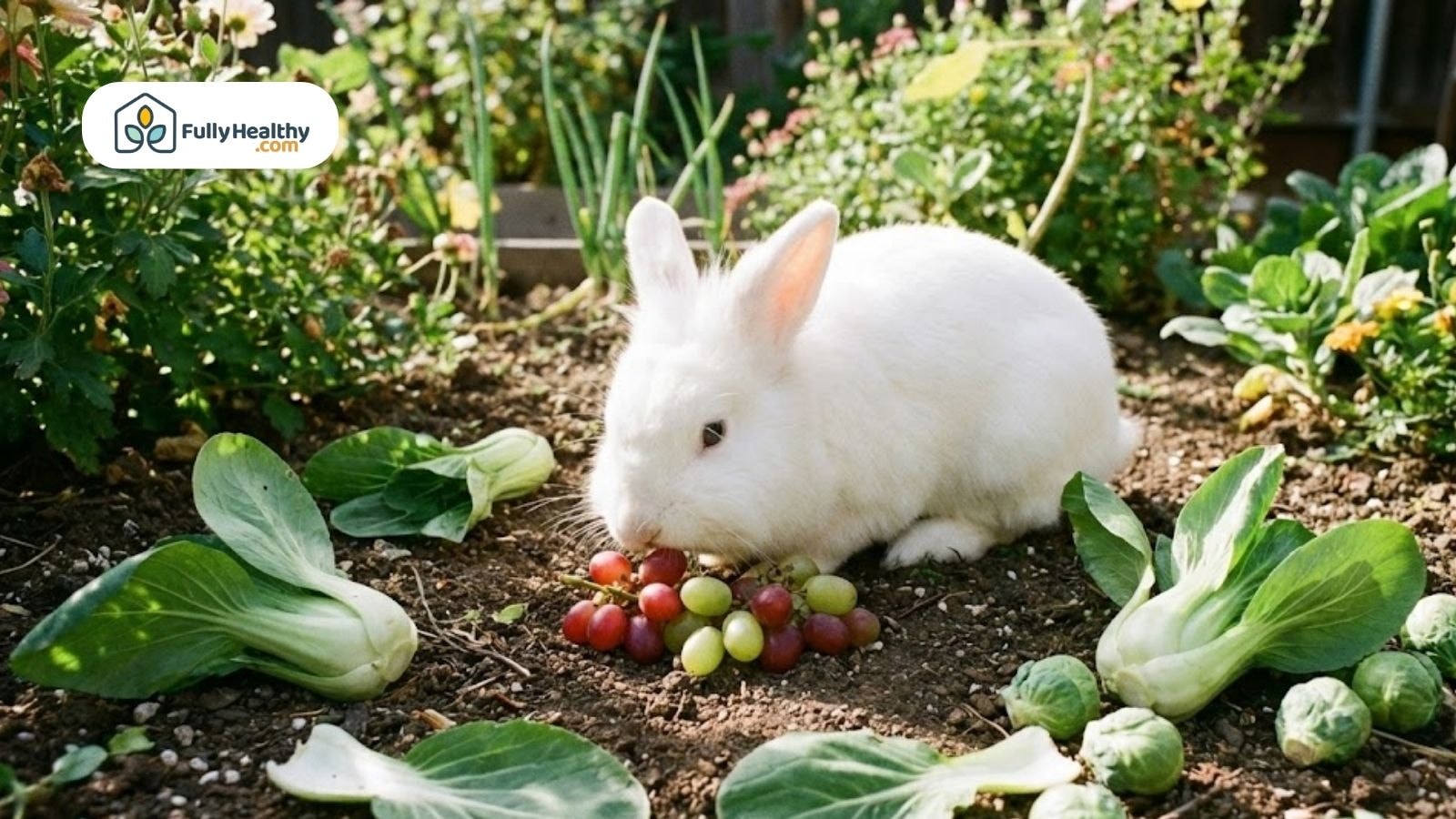 White rabbit eating grapes surrounded by bok choy and brussels sprouts