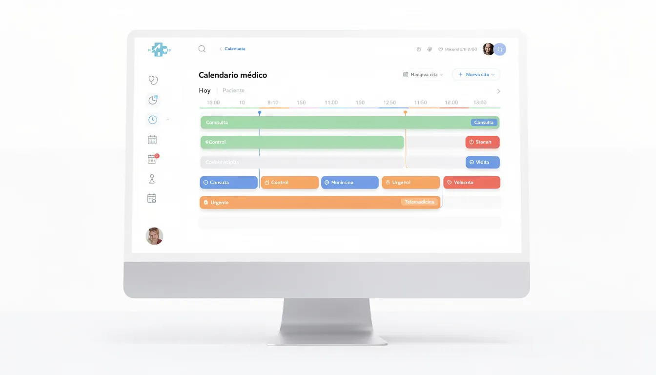 La imagen muestra una interfaz limpia de un calendario médico digital, donde las citas están organizadas y codificadas por colores para facilitar la gestión de pacientes. Esta agenda médica digital permite a los profesionales de la salud optimizar su tiempo y mejorar la atención al cliente en su consultorio.