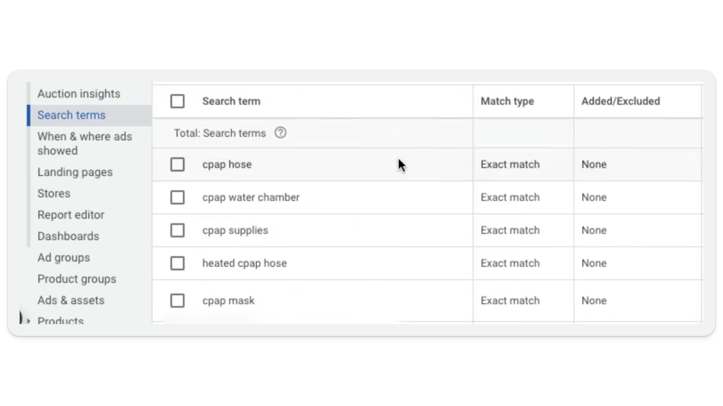 Search terms in a generic Google Ads campaign