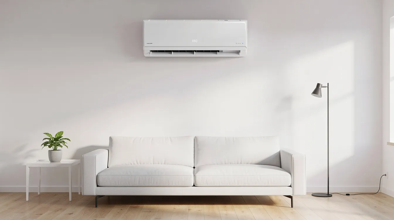 The image features a wall-mounted indoor split air conditioning unit installed in a bright, white room with minimalist decor, highlighting the sleek design of the inverter air conditioner. This unit is designed for efficient cooling and energy savings, ensuring consistent temperatures while operating quietly in the space.