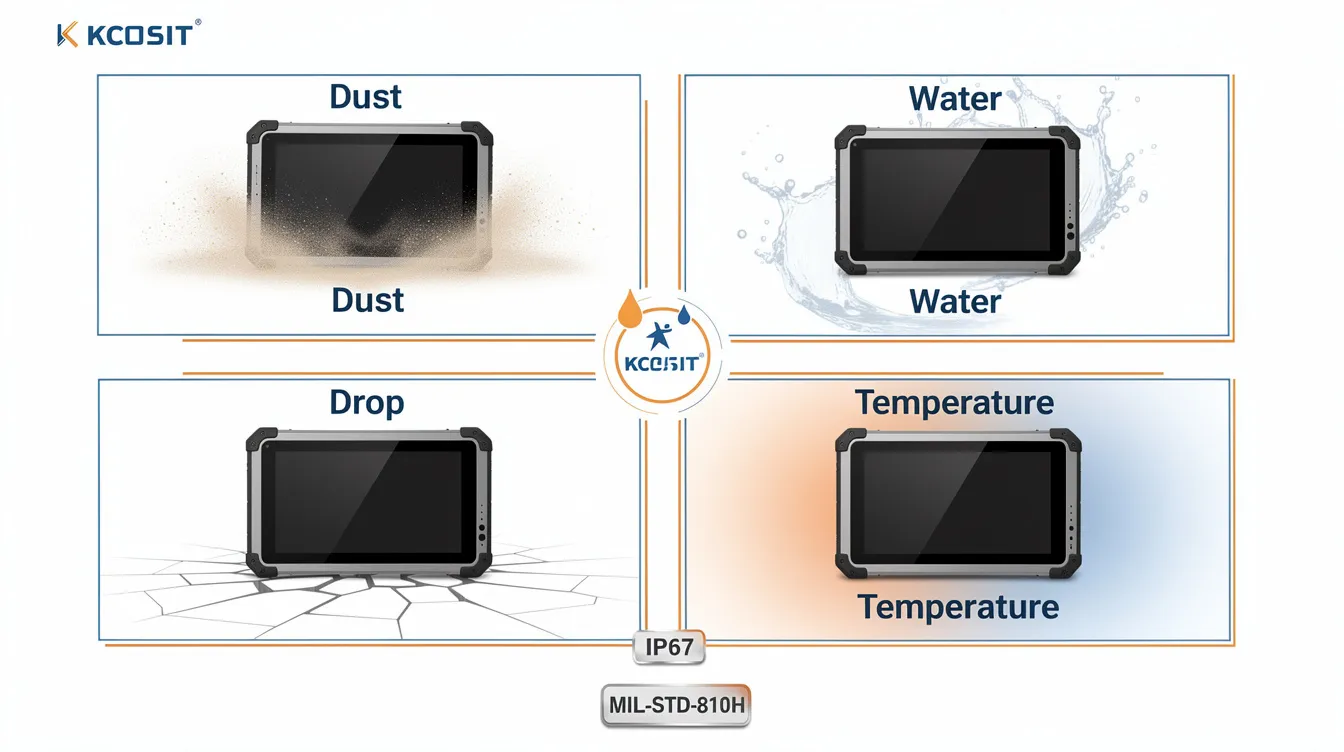 The image features a clean B2B infographic divided into four quadrants labeled Dust, Water, Drop, and Temperature, each showcasing a rugged tablet icon designed for harsh environments. The minimalist design includes KCOSIT blue and orange accents, along with clear IP67 and MIL-STD-810H labels, highlighting the durability and reliability of rugged mobile computers in demanding conditions.
