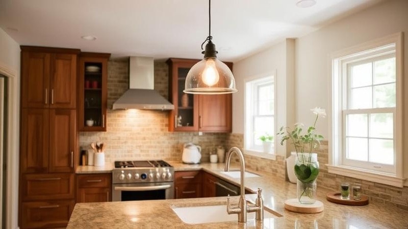 A pendant light hanging over a kitchen sink