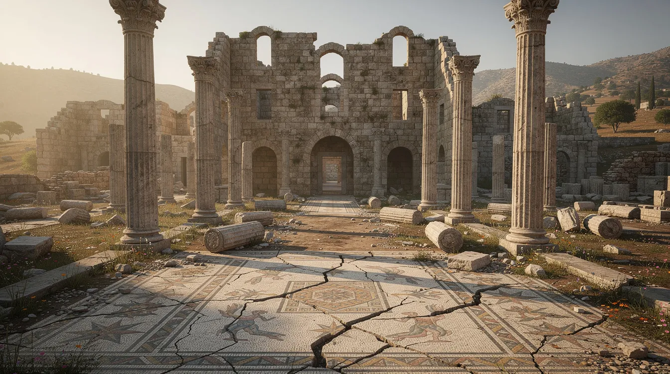 The image depicts ancient stone ruins of large residential buildings, featuring intricately carved columns and beautifully preserved mosaic floors, reminiscent of the architectural style found in ancient Israel during the time of the Sadducees and Pharisees. These remnants reflect the everyday life and beliefs of the Jewish community, including their rituals and traditions, as well as the historical context of the Jerusalem Temple and the political dynamics of the era.