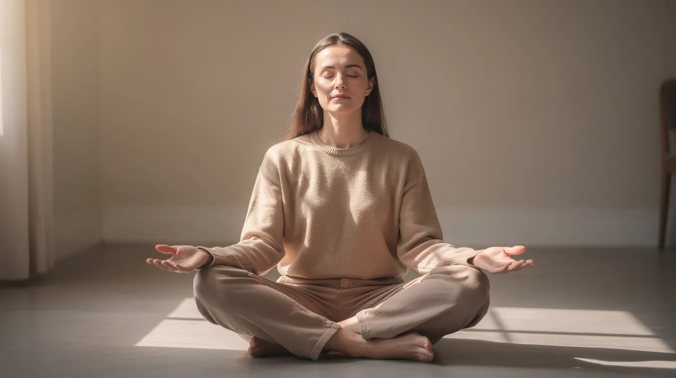 A person is sitting peacefully with their eyes closed and hands resting on their knees, bathed in soft natural light, embodying a moment of mindfulness and body awareness as they engage in the healing process of releasing trauma. This serene posture suggests a connection to their nervous system and an intention to process emotional and physical sensations linked to past traumatic experiences.