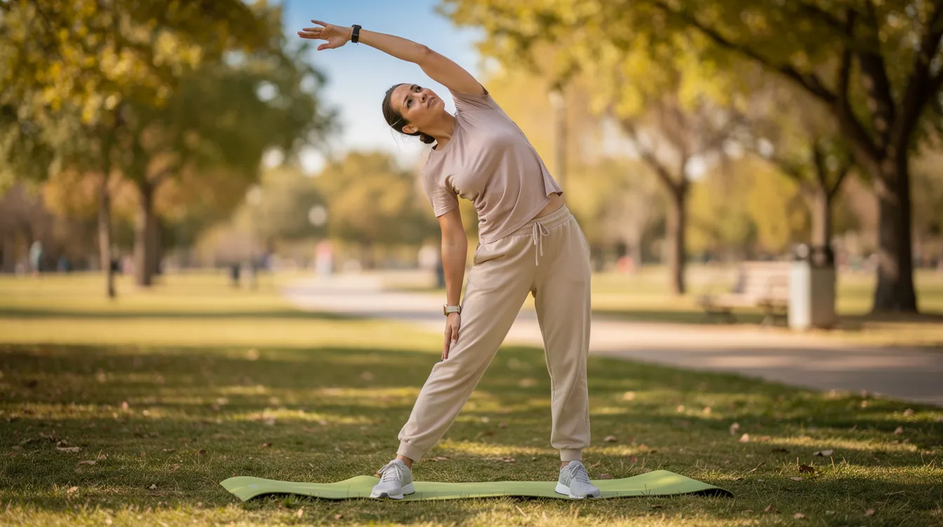 The image shows a person outdoors engaging in light stretching exercises while wearing comfortable athletic clothing. This scene reflects a healthy lifestyle and the journey of maintaining weight loss, possibly after undergoing body contouring procedures to address issues like loose skin from significant weight loss.