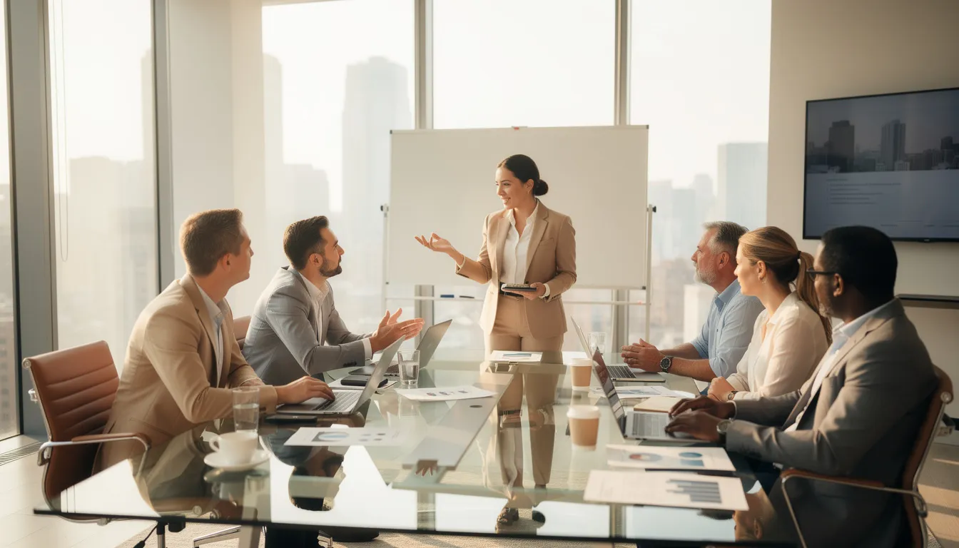 The image depicts a diverse team of professionals engaged in a lively discussion around a conference table, reflecting a collaborative company culture that values employee wellness and work-life balance. This gathering emphasizes the importance of clear communication and planning ahead, essential for effective implementation of policies like unlimited PTO.
