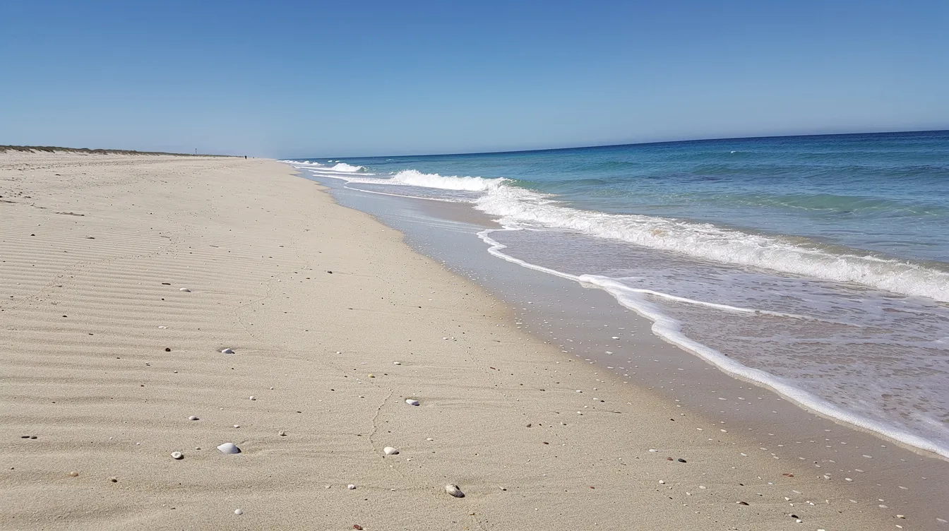 A long sandy beach stretches along the Atlantic coast, with gentle waves rolling in under a clear blue sky, perfect for enjoying the mild temperatures typical of Essaouira, Morocco. This coastal area is ideal for visitors looking to experience pleasant summer mornings and the vibrant atmosphere of kite surfing and wind surfing.