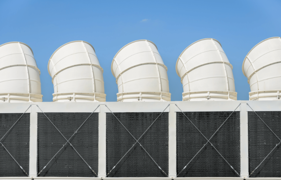 Industrial cooling tower fans supporting a closed loop glycol cooling system, designed for freeze protection, low temperature environments, and high-efficiency heat transfer.