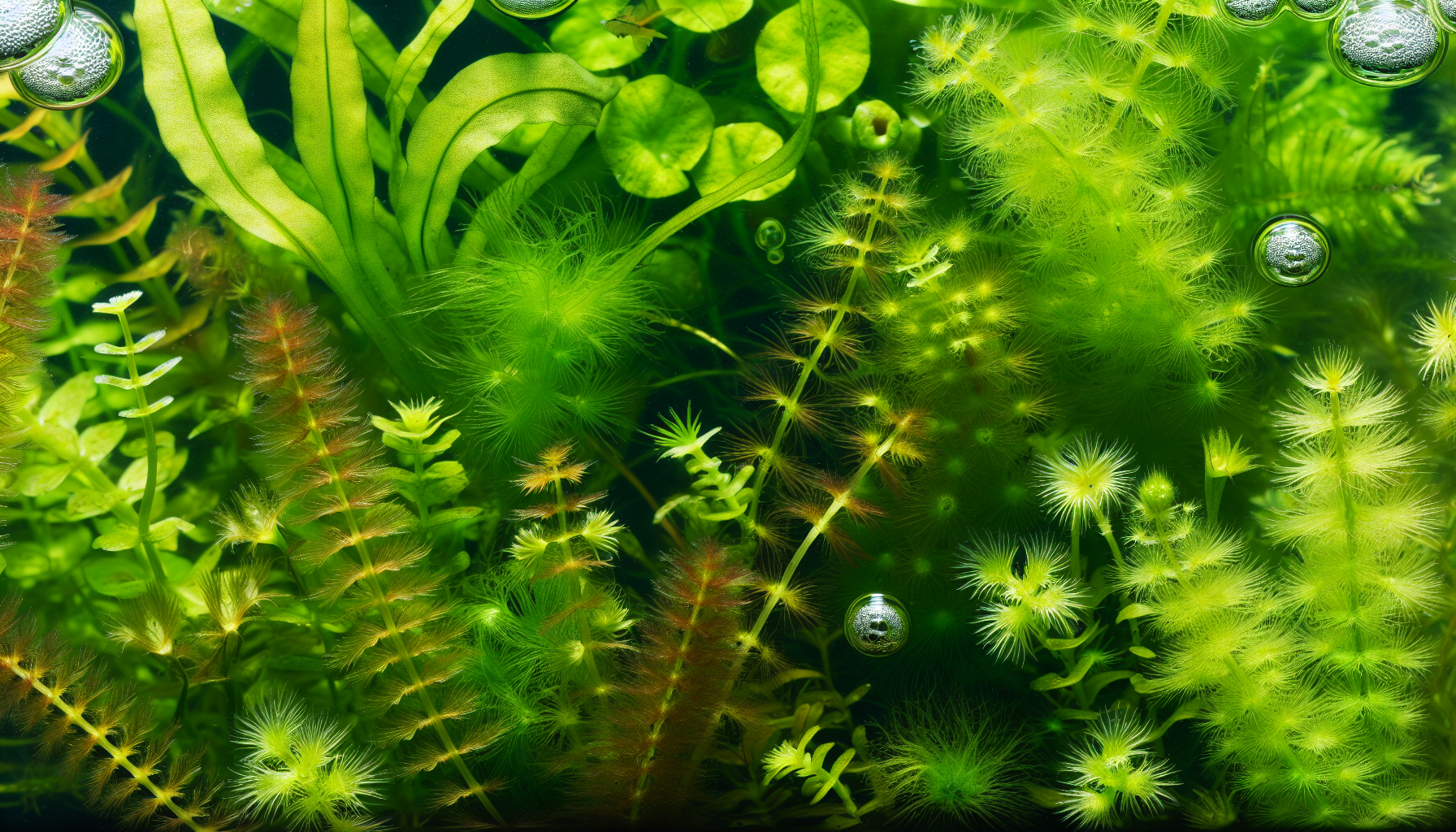 A collection of popular freshwater aquatic plants including ferns, mosses, and stems