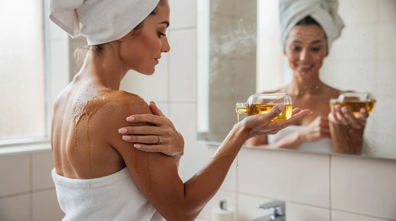 Applying body oil to damp skin after shower