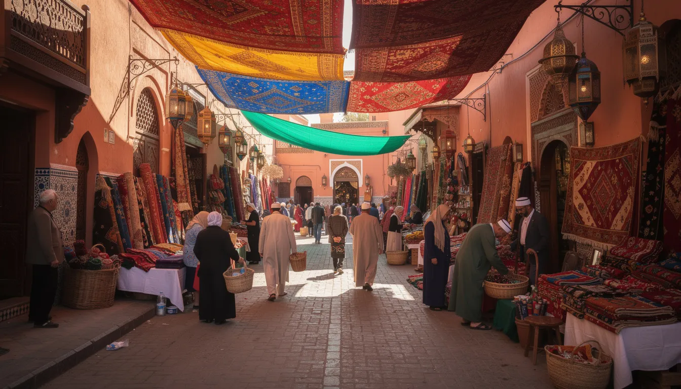 A bustling marketplace in Marrakech is filled with vibrant textiles and traditional Moroccan architecture, showcasing the rich culture and lively atmosphere of the city. Visitors can explore this vibrant scene, perfect for those looking to discover Morocco and experience unforgettable moments in one of its imperial cities.