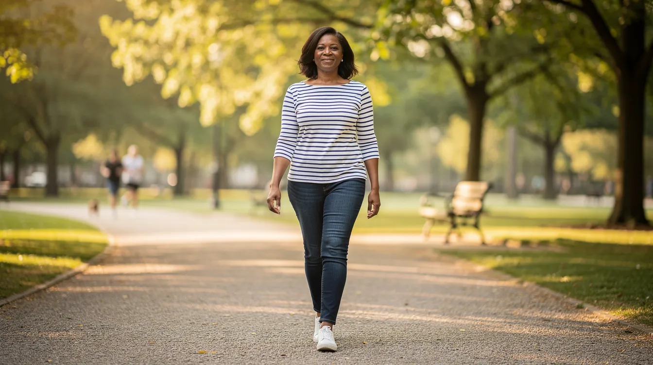 A confident woman in her 40s is walking through a park on a weekend morning, dressed in a classic striped Breton top, dark jeans, and white sneakers. This chic outfit showcases style tips for modern women, balancing comfort and fashion effortlessly.