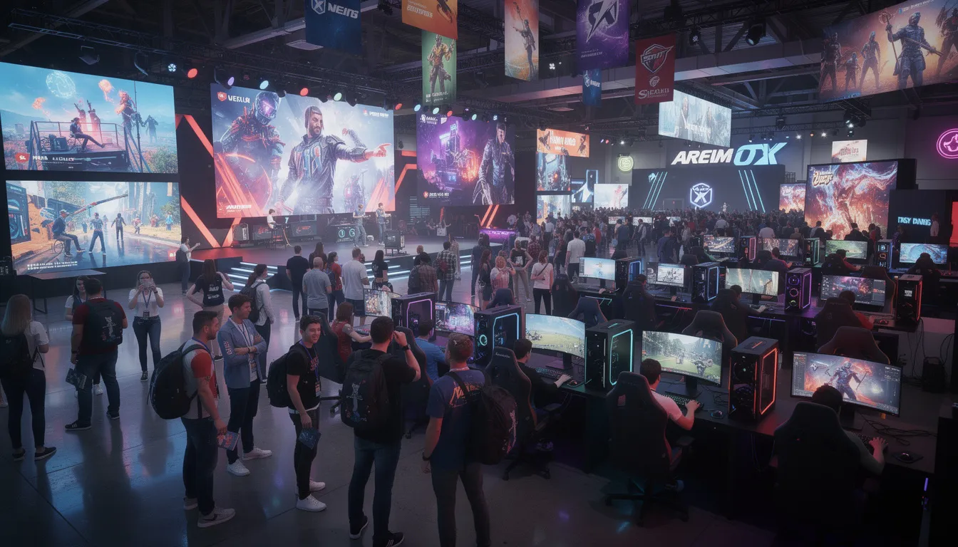 En modern spelmässa med stora folkmassor som rör sig mellan färgglada skärmar som visar olika spel och funktioner. Atmosfären är livlig och energisk, med besökare som utforskar de senaste spelen och bonusarna i en stad av spel och underhållning.