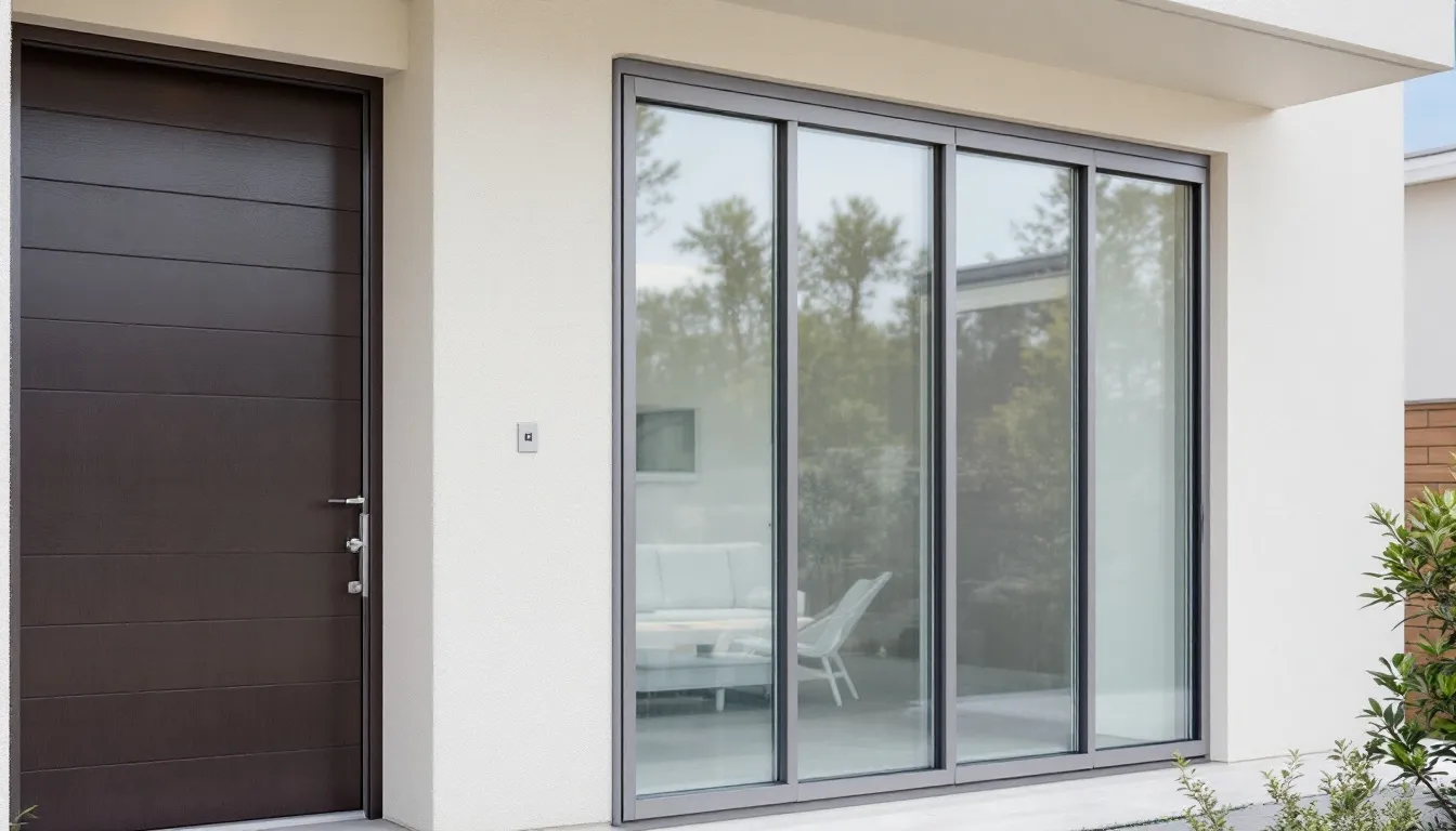 Das Bild zeigt moderne Fenster und eine Haustür aus Holz-Aluminium an einer zeitgenössischen Hausfassade. Die Elemente sind in einem stilvollen Design gehalten und tragen zur Ästhetik und Energieeffizienz des Hauses bei.