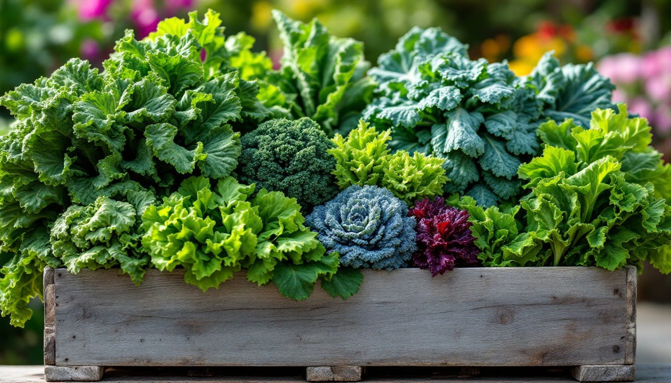 Different types of kale, including curly and lacinato kale.