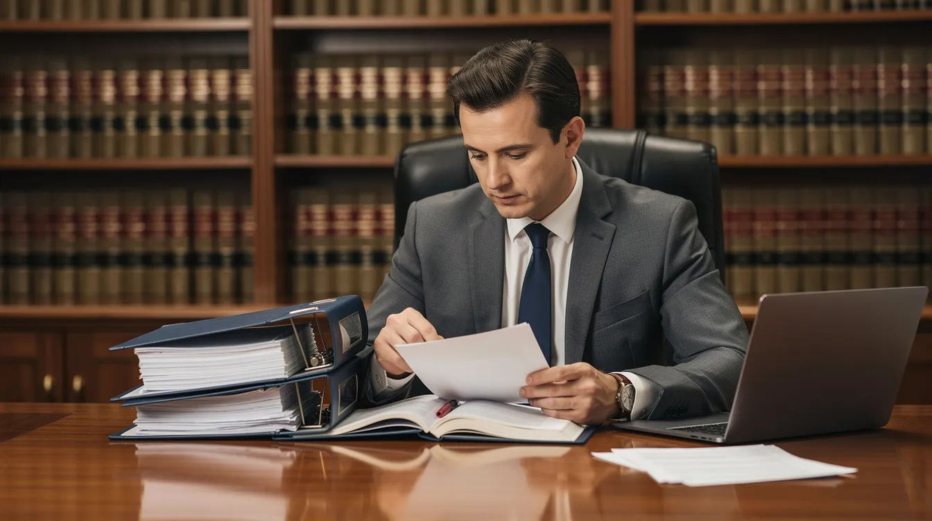 A professional attorney is seated at a desk, meticulously reviewing case documents, with shelves of law books in the background. This scene reflects the diligent work of personal injury lawyers in Colorado Springs as they prepare to advocate for clients facing personal injury claims and navigate the complexities of the legal process.