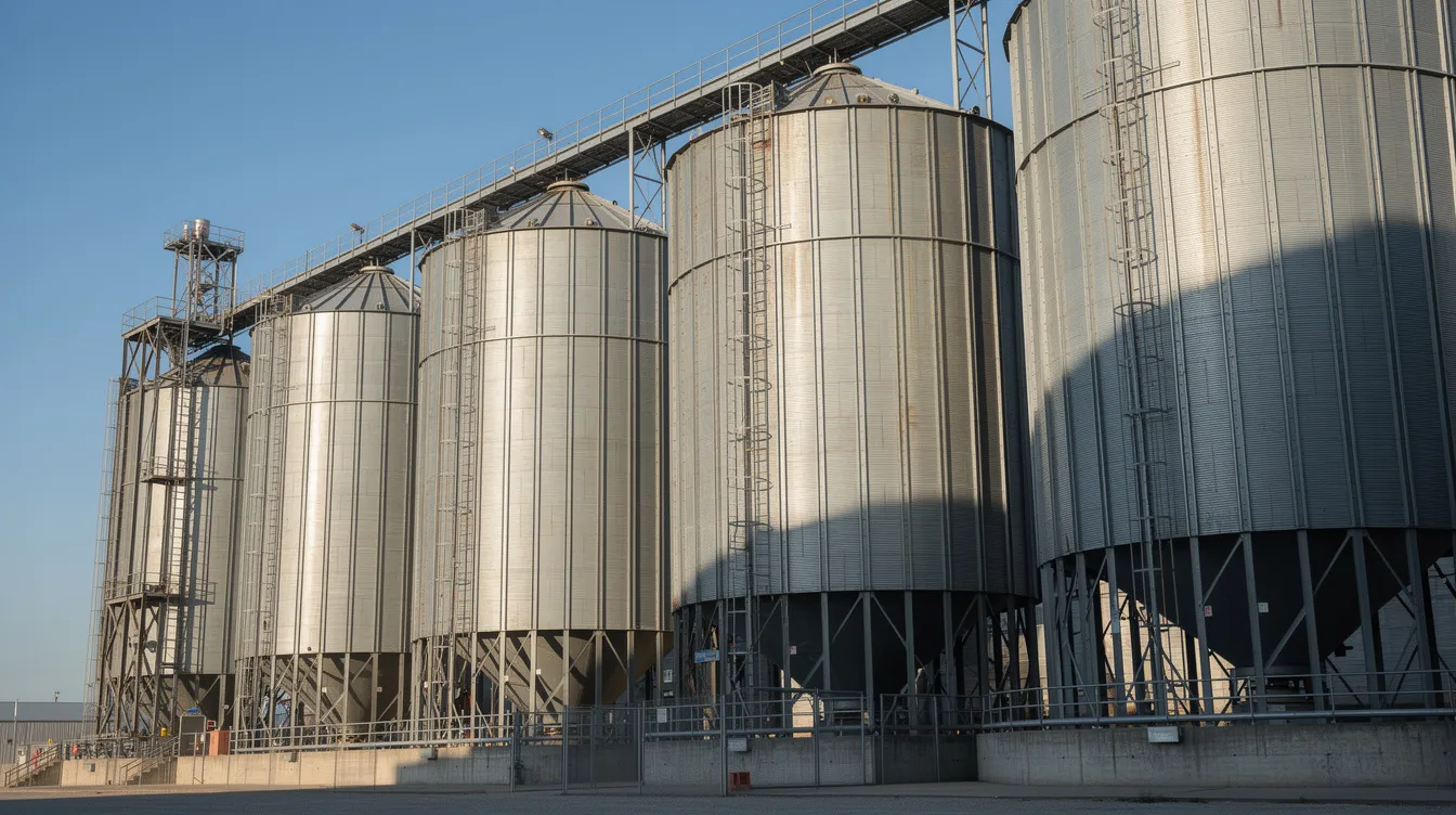 The image features large grain storage silos at an industrial facility, equipped with conveyor systems, set against a clear blue sky. These silos are essential for storing pulse protein ingredients, which are crucial in producing nutritious plant-based food products.