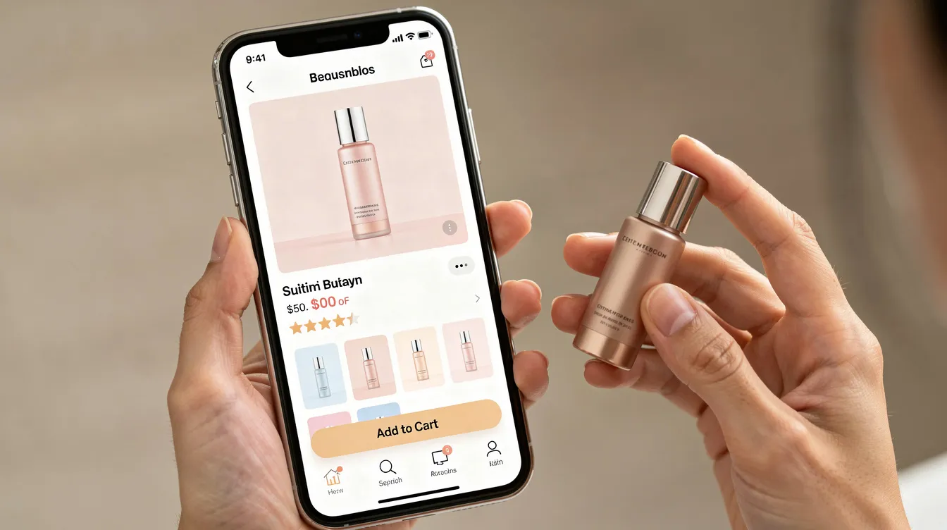 A customer is holding a beauty product while browsing a clean and organized mobile ecommerce page, showcasing various items in a shrine theme layout. The display highlights key features and bundle deals, designed to enhance the shopping experience for store owners and boost higher conversions.