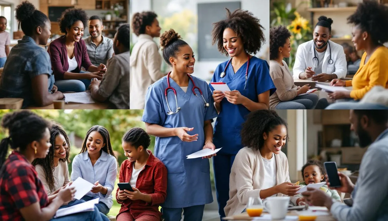 A diverse group of community health workers engages with families in various community settings, focusing on health education and promoting healthy behaviors. This collaboration aims to enhance mental and physical health through community health initiatives and educational programs.