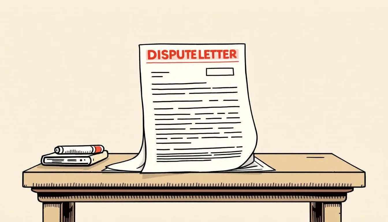 An illustration showing a credit report with a highlighted dispute letter of dispute.