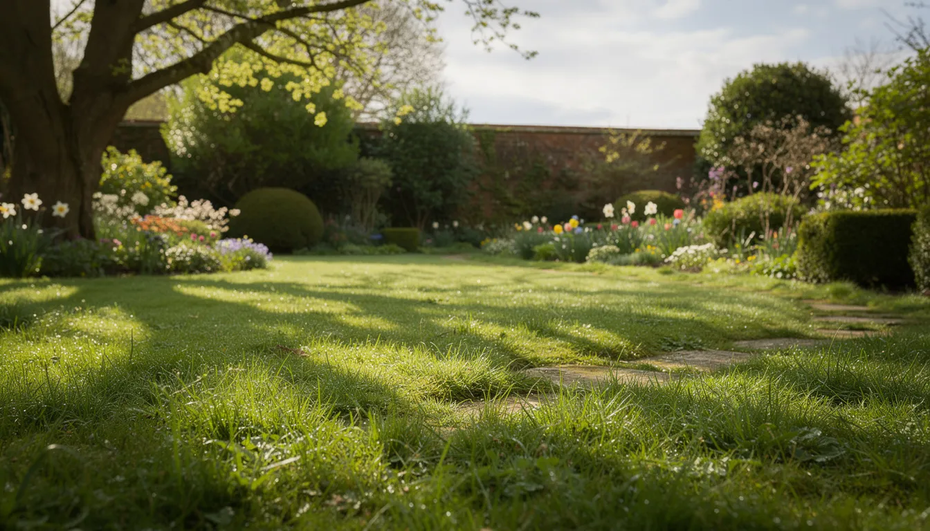 The image depicts a lush green lawn in a British garden during spring, bathed in dappled sunlight, showcasing healthy grass and vibrant leafy growth. This scene reflects the benefits of using high-quality lawn fertiliser for achieving an actively growing and vibrant spring summer lawn.
