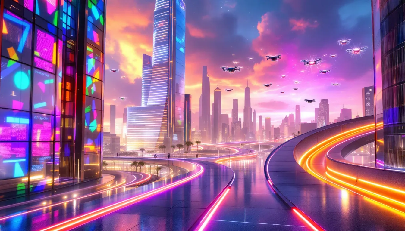 Eine futuristische Darstellung der Zukunftsperspektiven von Augmented Reality in einer urbanen Umgebung.