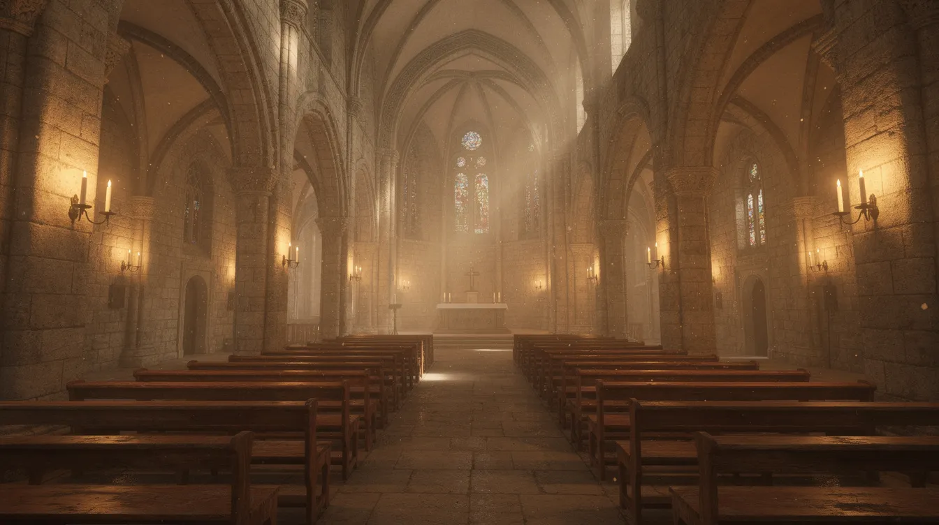 The image depicts the serene interior of an ancient stone church, featuring high arched ceilings illuminated by warm candlelight, and lined with rows of wooden pews, creating a peaceful atmosphere for religious ceremonies and the expression of Christian faith. This setting reflects the traditions of the early church and serves as a place for worship and community among believers.