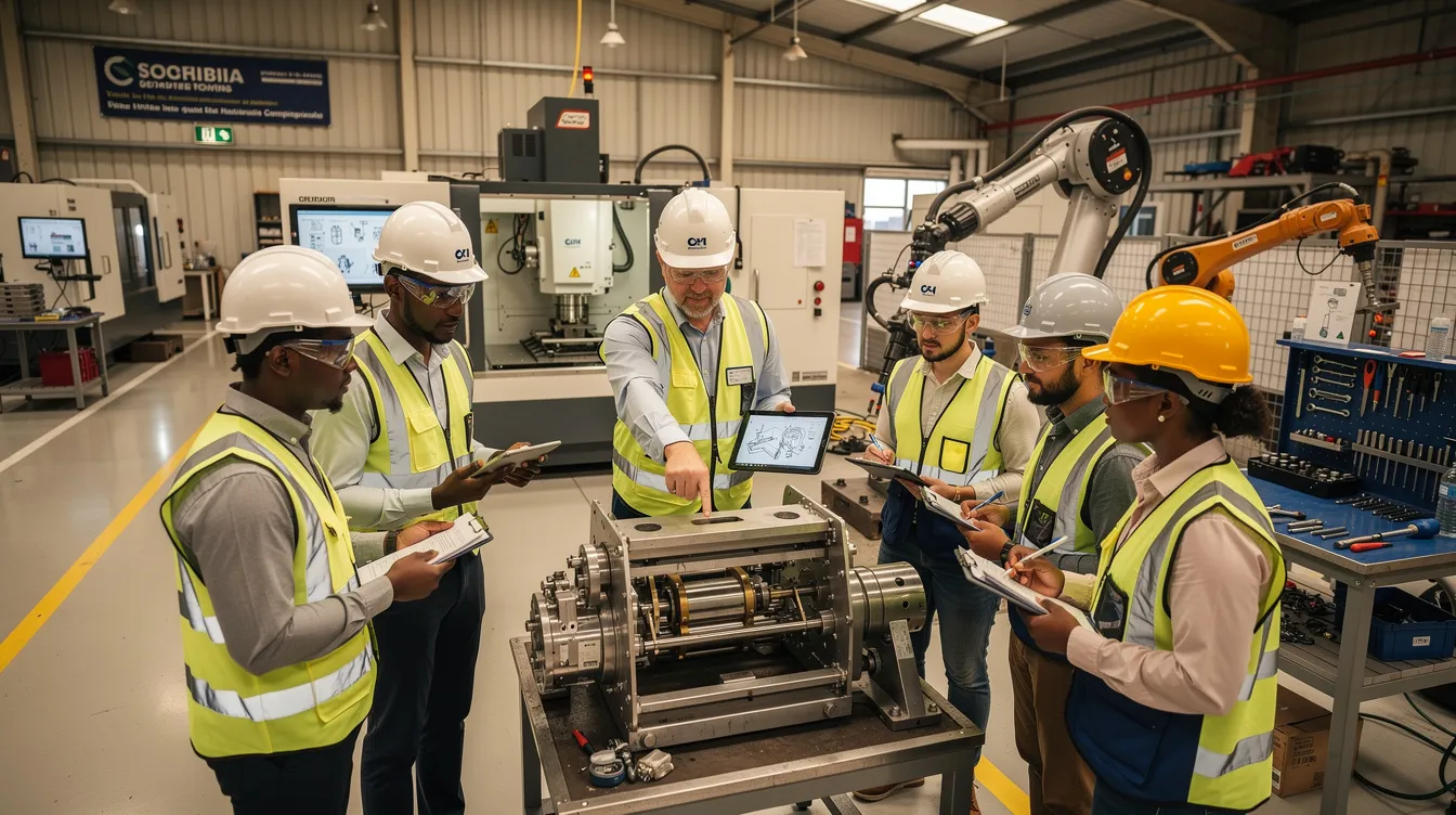 A group of apprentices in a manufacturing training environment, listening to their mentor as he instructs them.