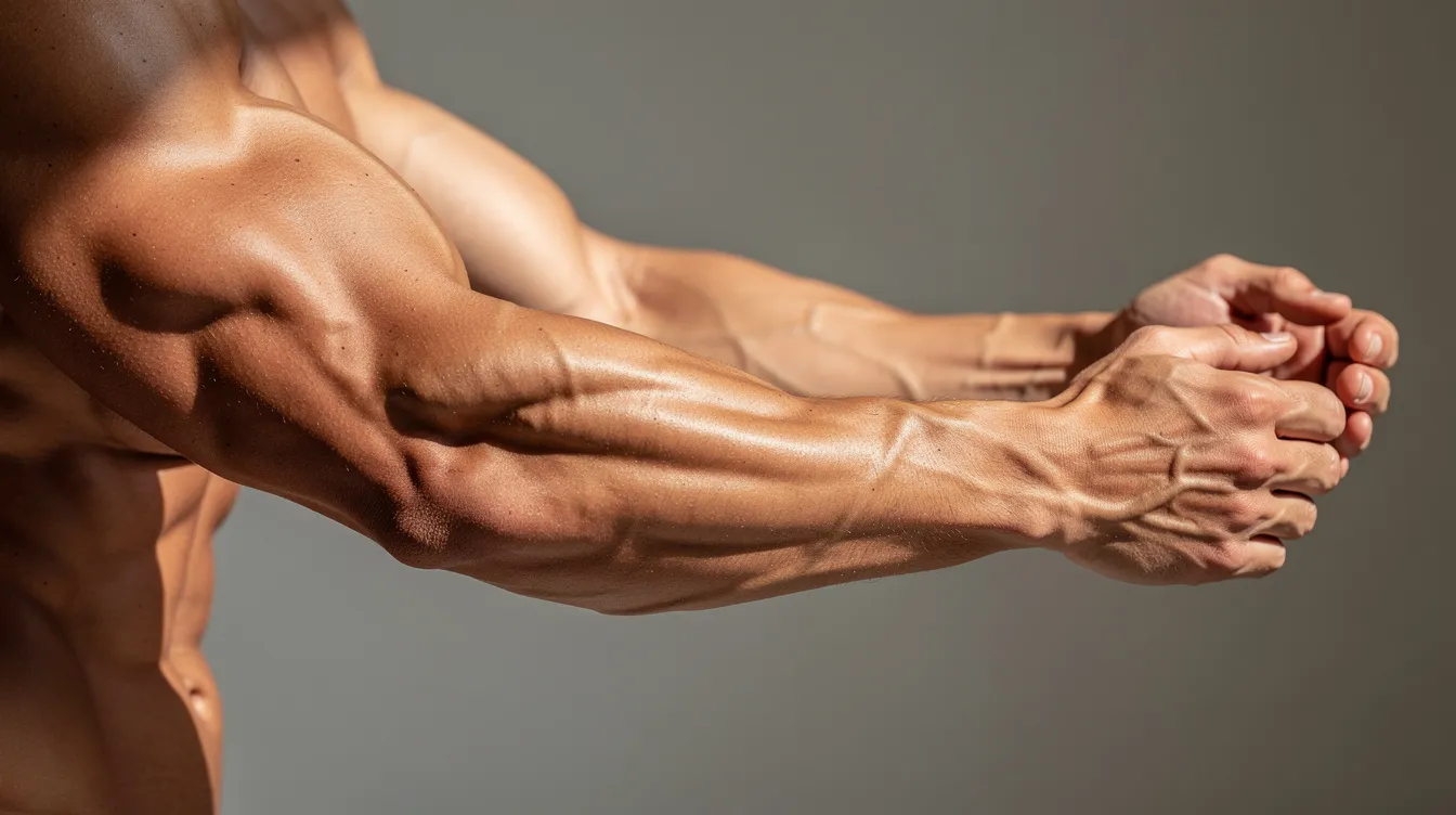 The image showcases athletic arms illuminated by natural lighting against a neutral background, highlighting their toned and sculpted appearance. This depiction emphasizes the results of arm liposuction or arm lift procedures, showcasing the transformation from excess fat and loose skin to a defined upper arm contour.