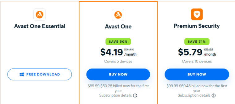 أسعار باقات اشتراك برنامج  Avast