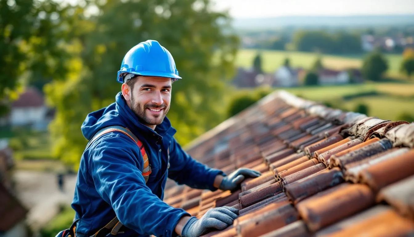 Un couvreur professionnel est en train de travailler sur une toiture traditionnelle, entouré par la campagne paisible de Sainte Pazanne. Ce chantier met en avant son savoir-faire dans la rénovation de toiture, illustrant l'expertise des artisans du Pays de Retz en Loire Atlantique.