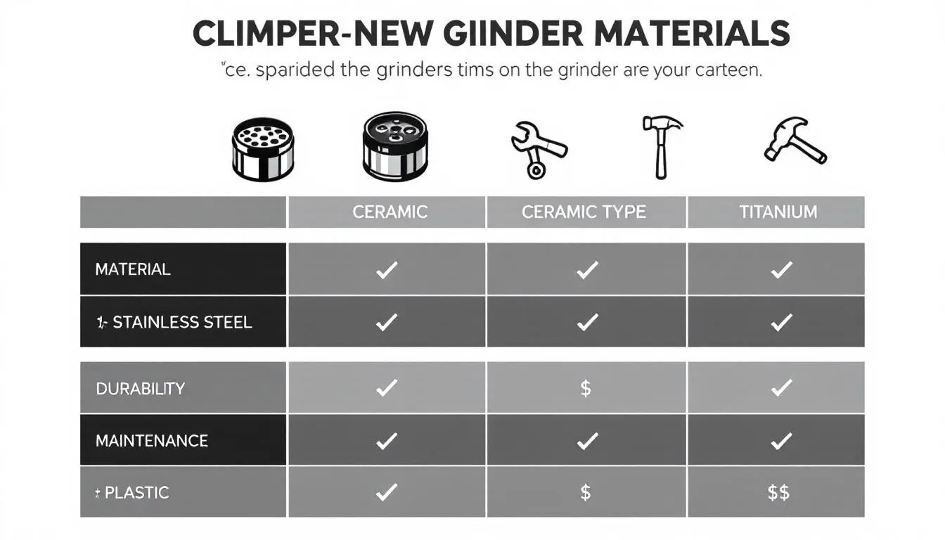 A comparison chart displays various weed grinder materials, including metal and stainless steel grinders, alongside their price points, helping cannabis connoisseurs find the right grinder for their smoking style. The chart highlights features such as sharp teeth for a consistent grind and options like the Santa Cruz Shredder and Brilliant Cut Grinder for those seeking the best weed grinders.