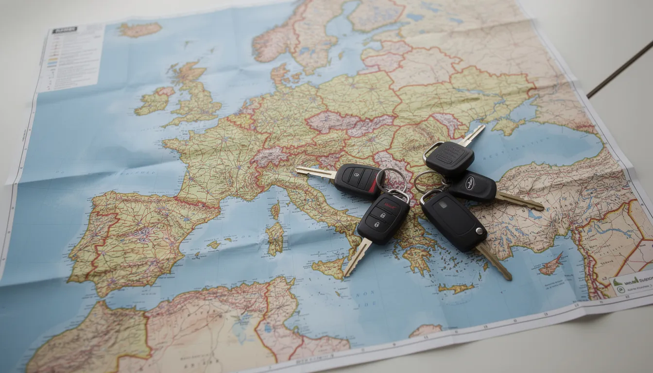 Une carte routière d'Europe est posée sur une table, avec des clés de voiture en métal disposées dessus. Cette image évoque la location de voiture pour les jeunes conducteurs, notamment ceux de moins de 25 ans, qui envisagent un road trip à travers le continent.