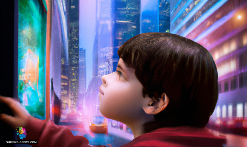 A boy with autism spectrum disorder gazing into a store's window  