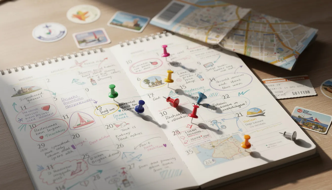 The image features a calendar filled with travel planning notes and colorful destination pins, symbolizing the organized efforts of travel agents to create engaging itineraries for potential customers. This visual highlights the importance of strategic planning in the travel industry to increase bookings and attract travelers through effective marketing campaigns.