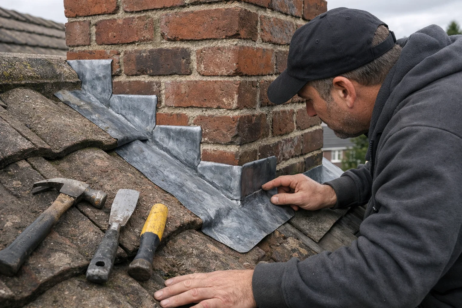 Roofer inspecting chimney stack, mortar joints and lead flashing on a UK roof.