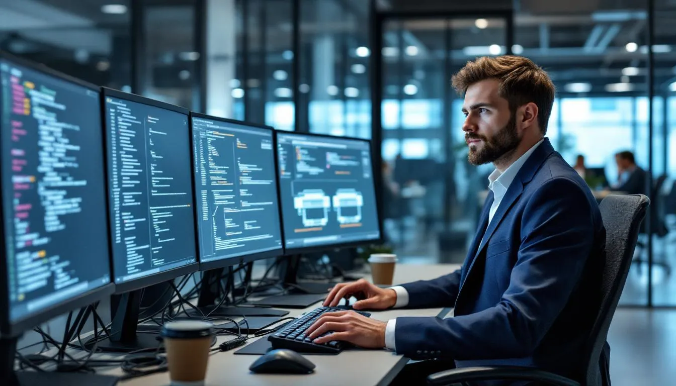 The image depicts a systems engineer working at a terminal, focused on managing security operations. The engineer is engaged in monitoring network traffic and implementing zero trust security principles to safeguard sensitive data against emerging threats and cyber risks.