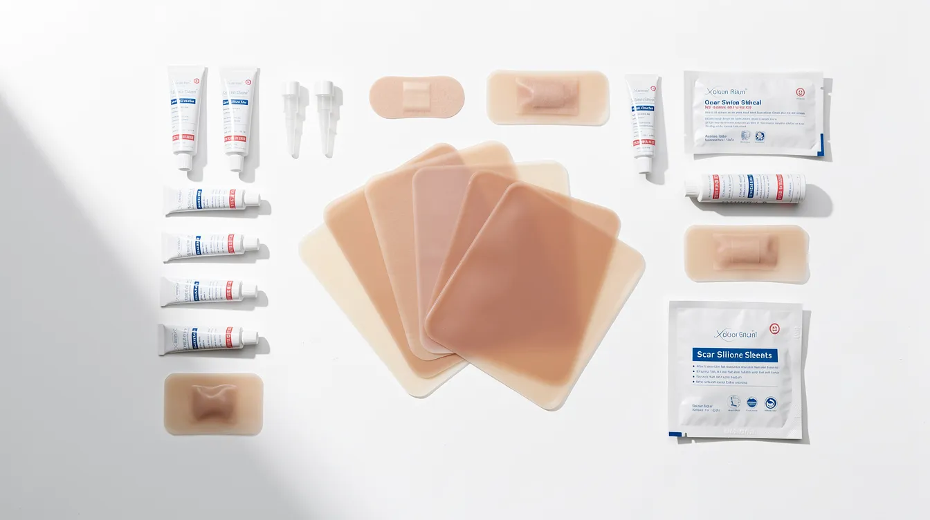 The image shows an organized arrangement of medical silicone sheets and various scar treatment supplies on a clean white table, which are often used by tummy tuck patients to aid in the healing process of surgical incisions and minimize the appearance of raised scars. These supplies are essential for proper aftercare following tummy tuck surgery, supporting the body's natural healing process.