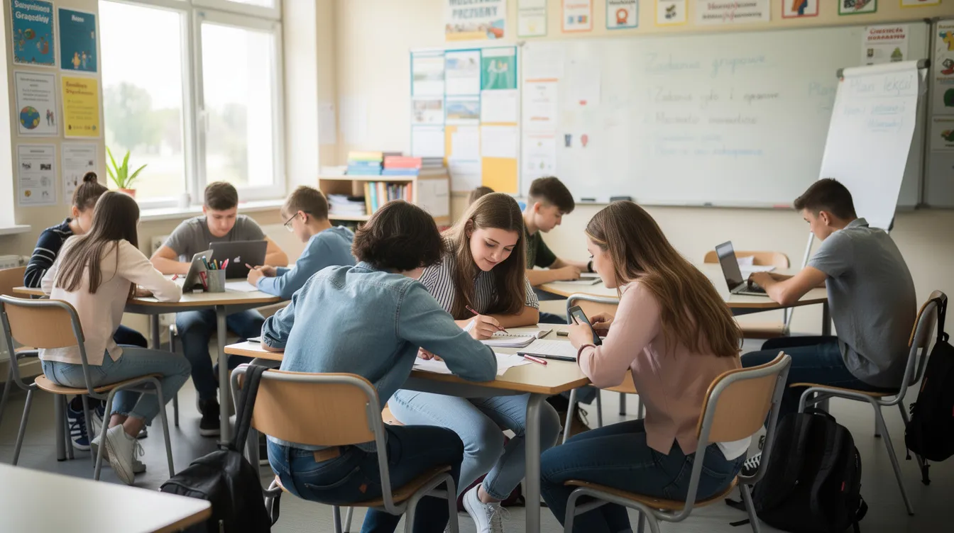 Na zdjęciu widać grupę nastolatk&oacute;w pracujących wsp&oacute;lnie nad zadaniami w szkolnej sali lekcyjnej. Uczniowie, uczący się w &oacute;smej klasie szkoły podstawowej, są zaangażowani w r&oacute;żne przedmioty, takie jak język polski i matematyka, co podkreśla atmosferę wsp&oacute;łpracy i nauki.