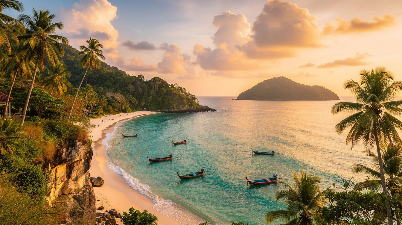 A imagem retrata uma vista deslumbrante de Phuket, na Tailândia, com suas praias de areia branca e águas cristalinas, cercadas por vegetação exuberante. Ao fundo, pode-se observar montanhas e um céu azul claro, criando um cenário paradisíaco que atrai turistas de todo o mundo.