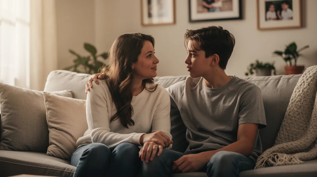 A parent and teenager are seated together on a couch, engaged in a calm and supportive conversation that emphasizes the importance of mental health and coping strategies. This moment reflects a trauma-informed approach, promoting healing and understanding within family dynamics.
