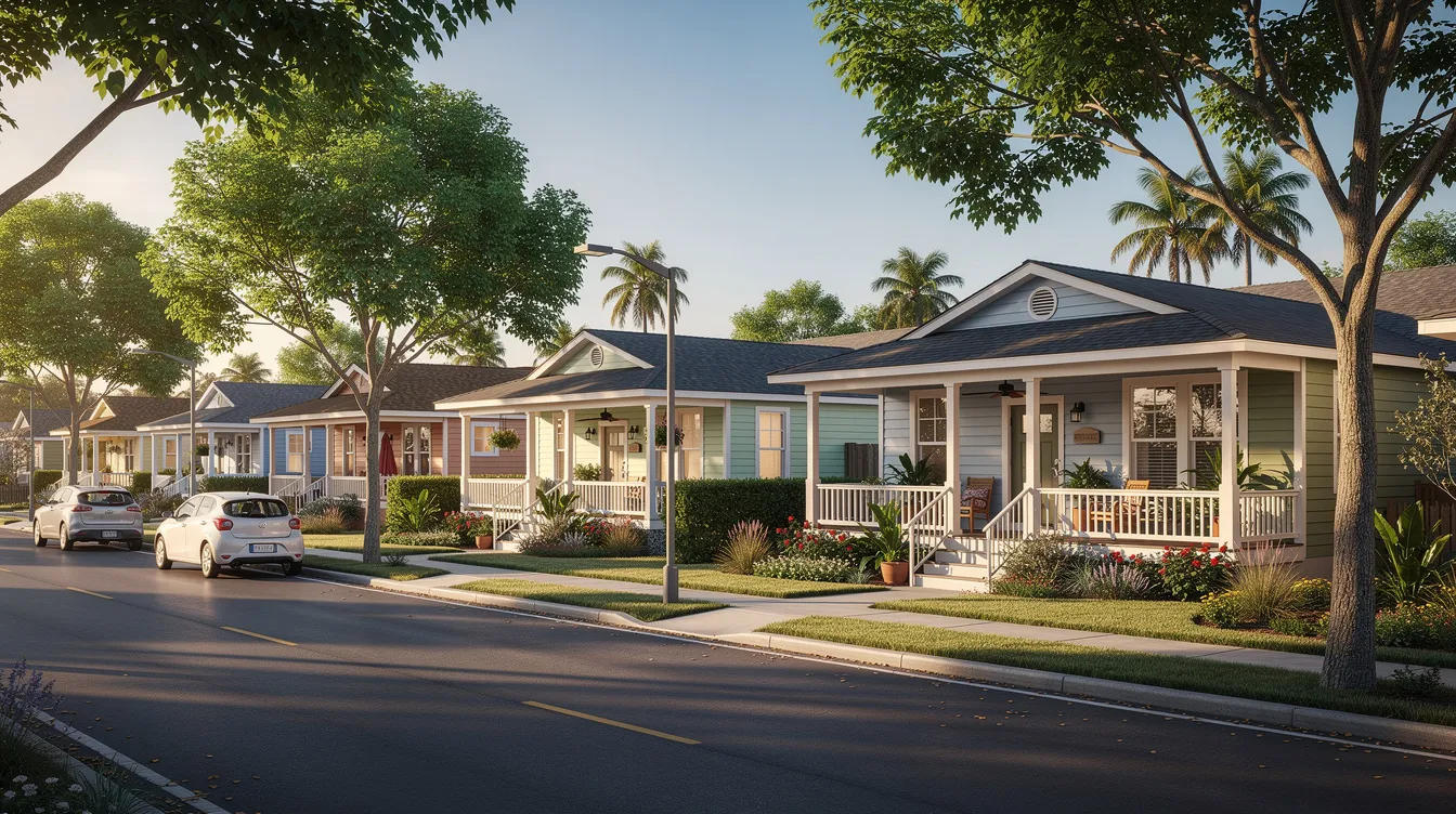 The image depicts a row of beautifully renovated bungalow homes situated on a tree-lined residential street in a warm climate city, ideal for real estate investors seeking attractive investment properties. The inviting atmosphere highlights the potential for private money loans and hard money financing in the vibrant Atlanta market.