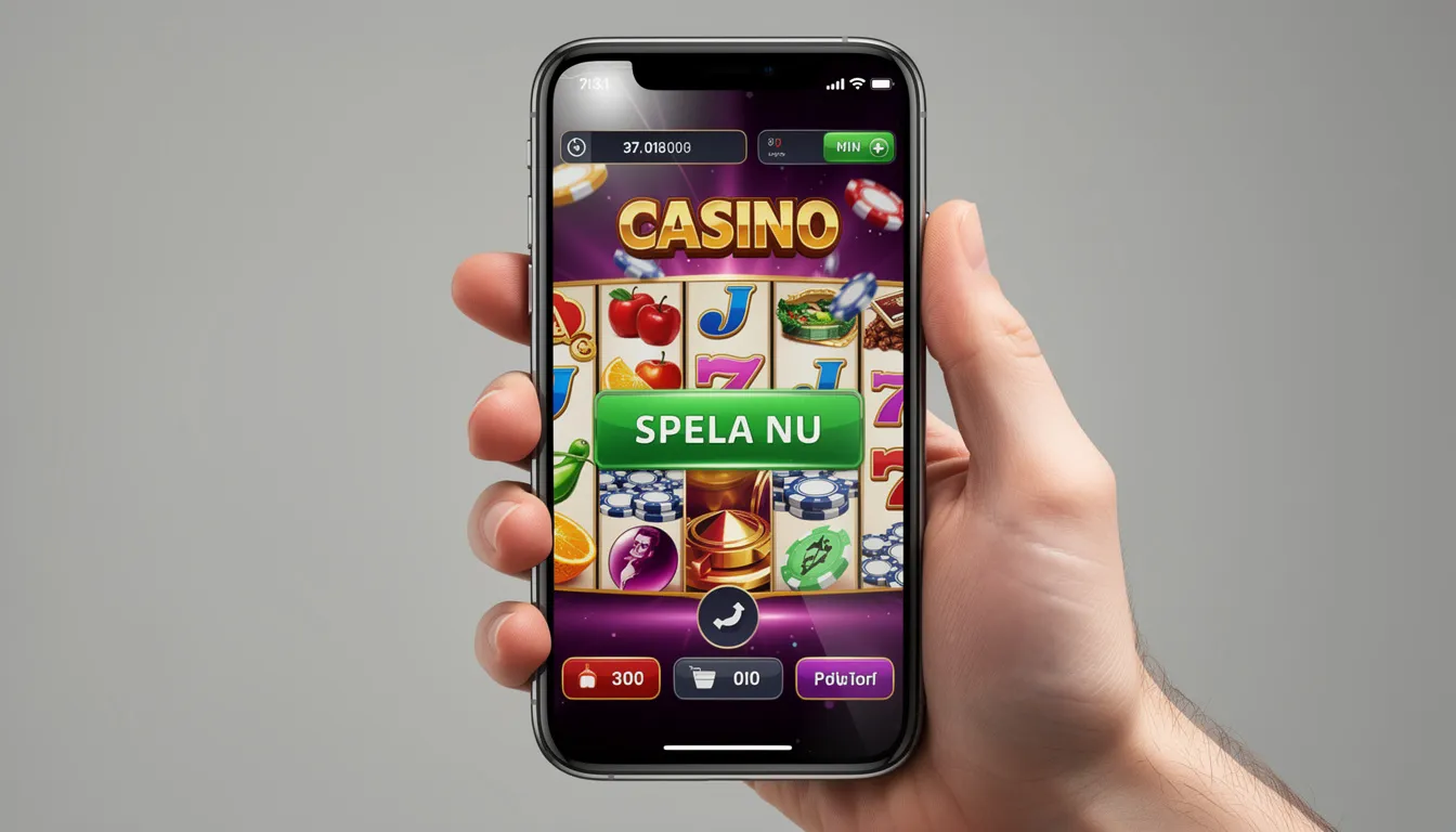 En hand håller en smartphone som visar ett casinogränssnitt med inslag av spelautomater och bonusinformation, vilket ger en känsla av att vara på ett Vegas casino. Skärmen innehåller också text som indikerar att "vi tyvärr inte accepterar spelare från ditt land".