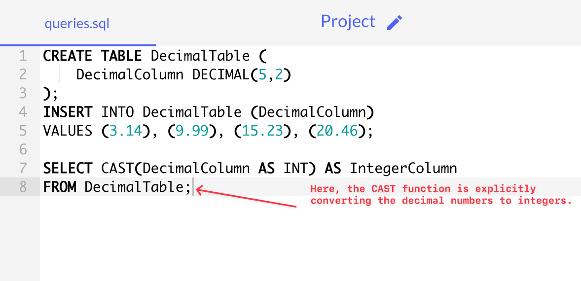 SQL Server query to show conversion of decimal column to integer data type