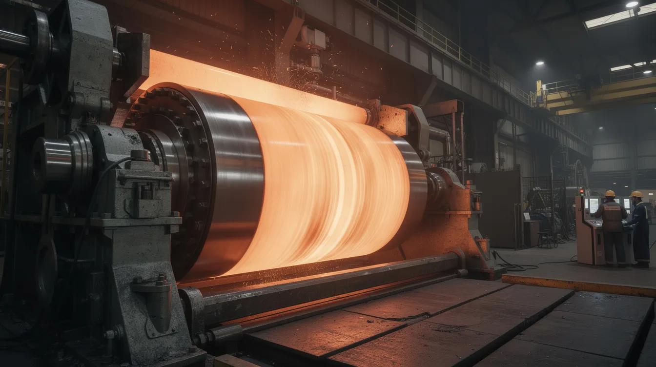 The image depicts an industrial rolling mill where a glowing orange-hot steel slab is being processed between large metal rollers, illustrating the hot rolling process. This method transforms raw materials into hot rolled steel, which can be further processed into various shapes and sizes for applications in construction and manufacturing.