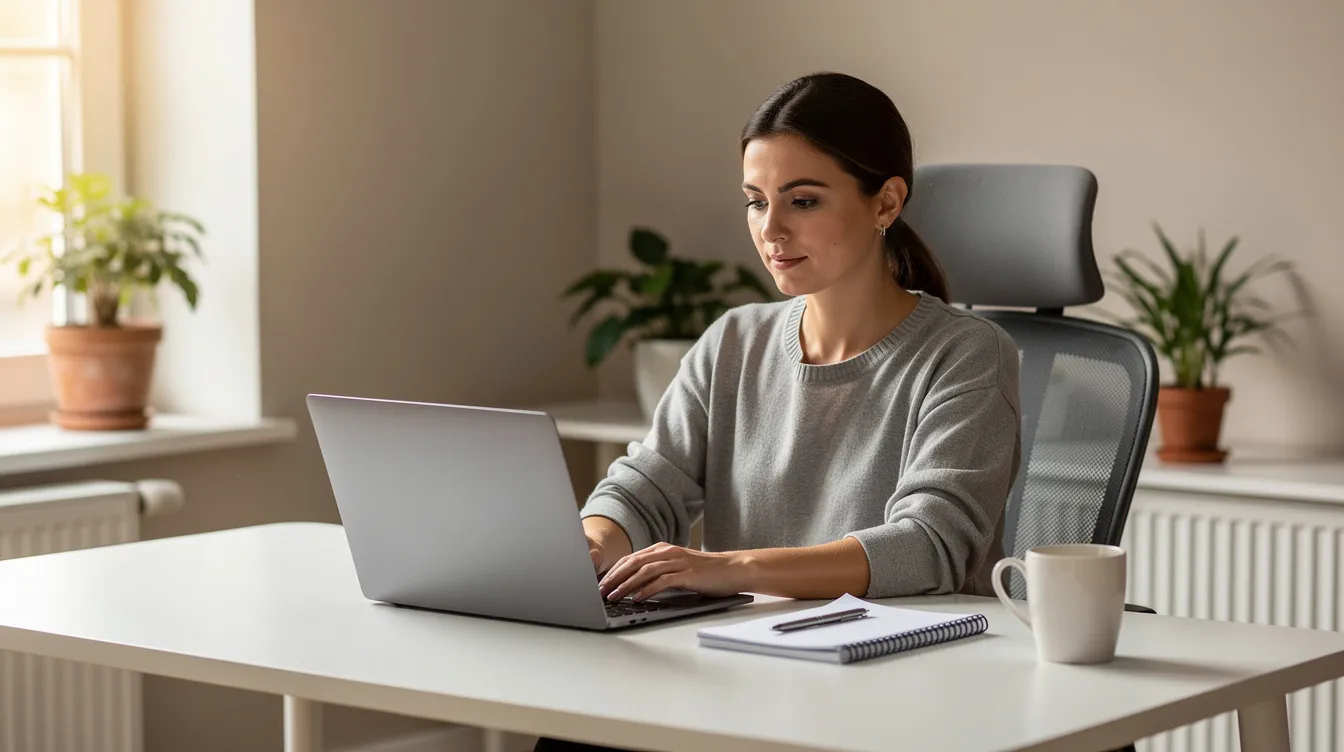 39b359a2 1ee2 4bff 805f d58d8d5a4587 A woman is seated at a tidy home office desk, focused on her laptop while a notepad and a cup of coffee sit beside her, reflecting the environment of women entrepreneurs exploring business ideas. This scene captures the essence of working from home, ideal for those considering small business ideas or online services.