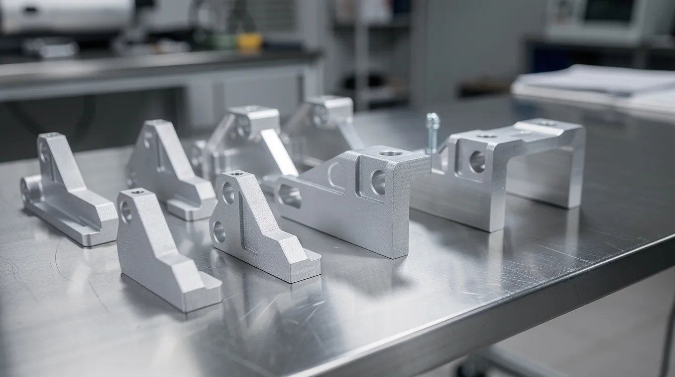 The image features several precision-cast aluminum aerospace brackets neatly arranged on a metal inspection table, showcasing complex geometries and high-quality craftsmanship typical of the investment casting process. These prototype castings highlight the advantages of rapid prototype investment casting, enabling manufacturers to produce intricate metal parts efficiently.