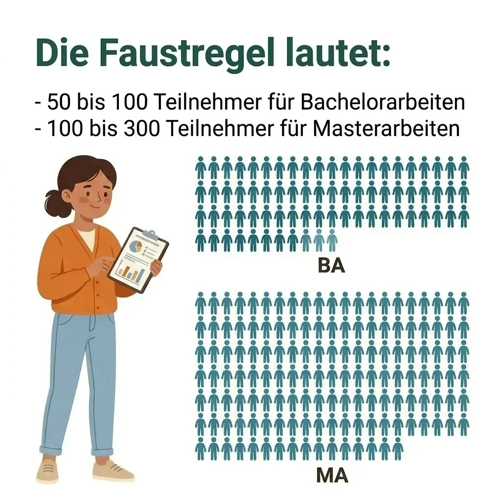 Illustration zur Faustregel für die Stichprobengröße mit 50 bis 100 Teilnehmenden für Bachelorarbeiten und 100 bis 300 Teilnehmenden für Masterarbeiten