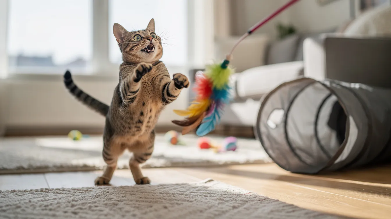 A playful cat is batting at a feather wand toy in a bright living room, showcasing its natural curiosity and strong prey drive. In the background, a cat tunnel is visible, adding to the playful atmosphere of the space.