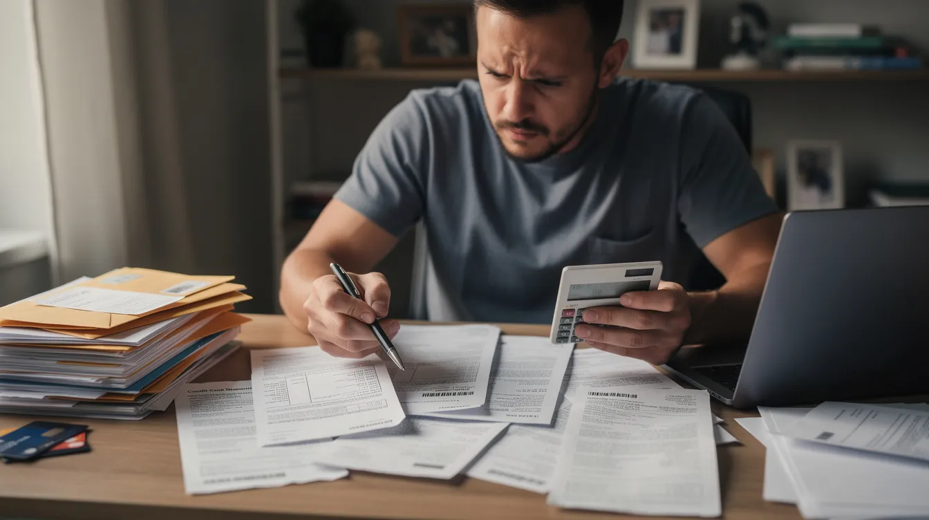 A person is seated at a desk, surrounded by multiple credit card bills and loan documents, using a calculator to review their financial situation. This scene highlights the challenges of managing debt and may relate to concepts like "債務 重組" and "二線 財務" as the individual assesses their repayment options.